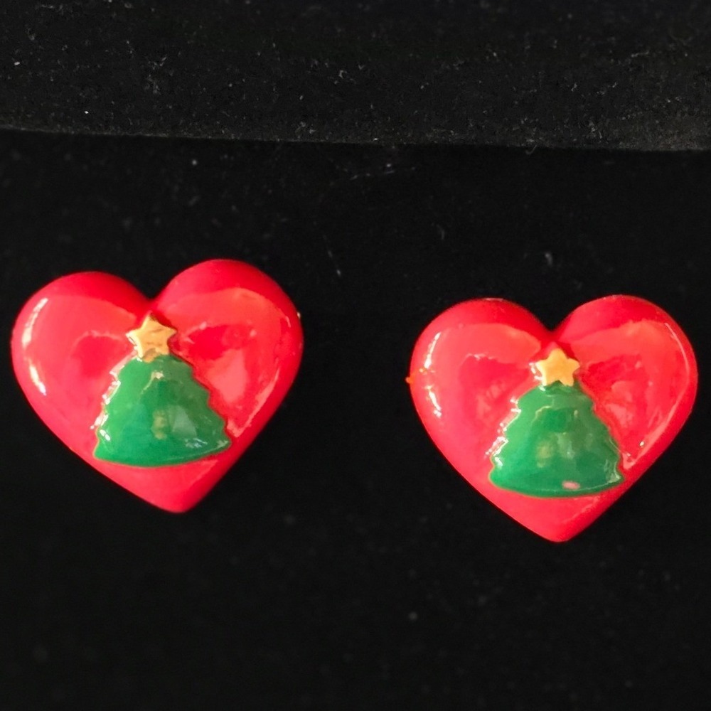 set 2 Heart Christmas‎ Tree Charm Red Green Gold Holiday Festive PIN VTG